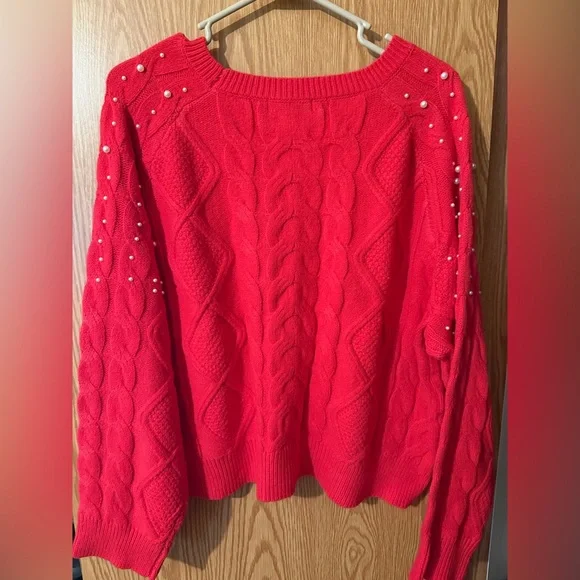 Francesca’s Beverly Pearl Embellished Cable Pullover Sweater Red - Picture 6 of 7